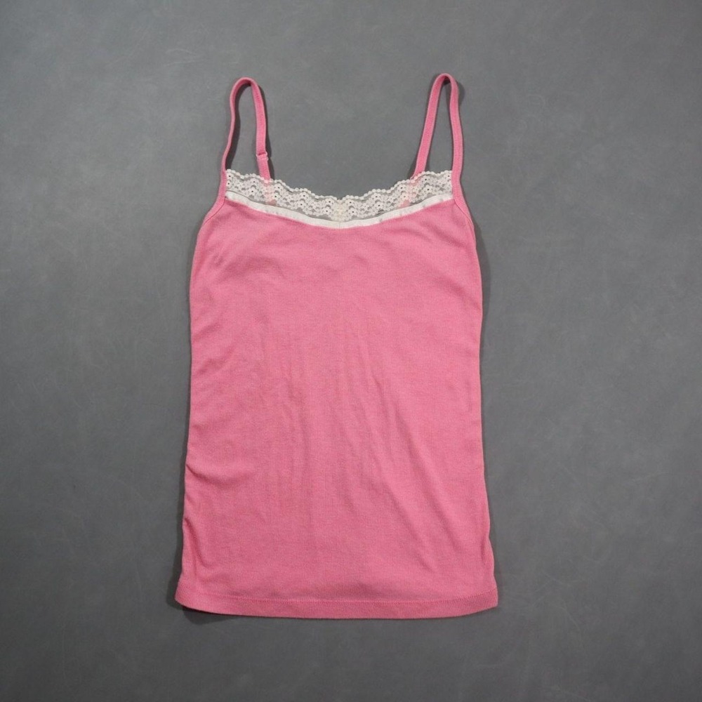Charlotte Russe Y2K Pink Lace Trim Ribbed Cami Tank Top Small Bubblegum Coquette